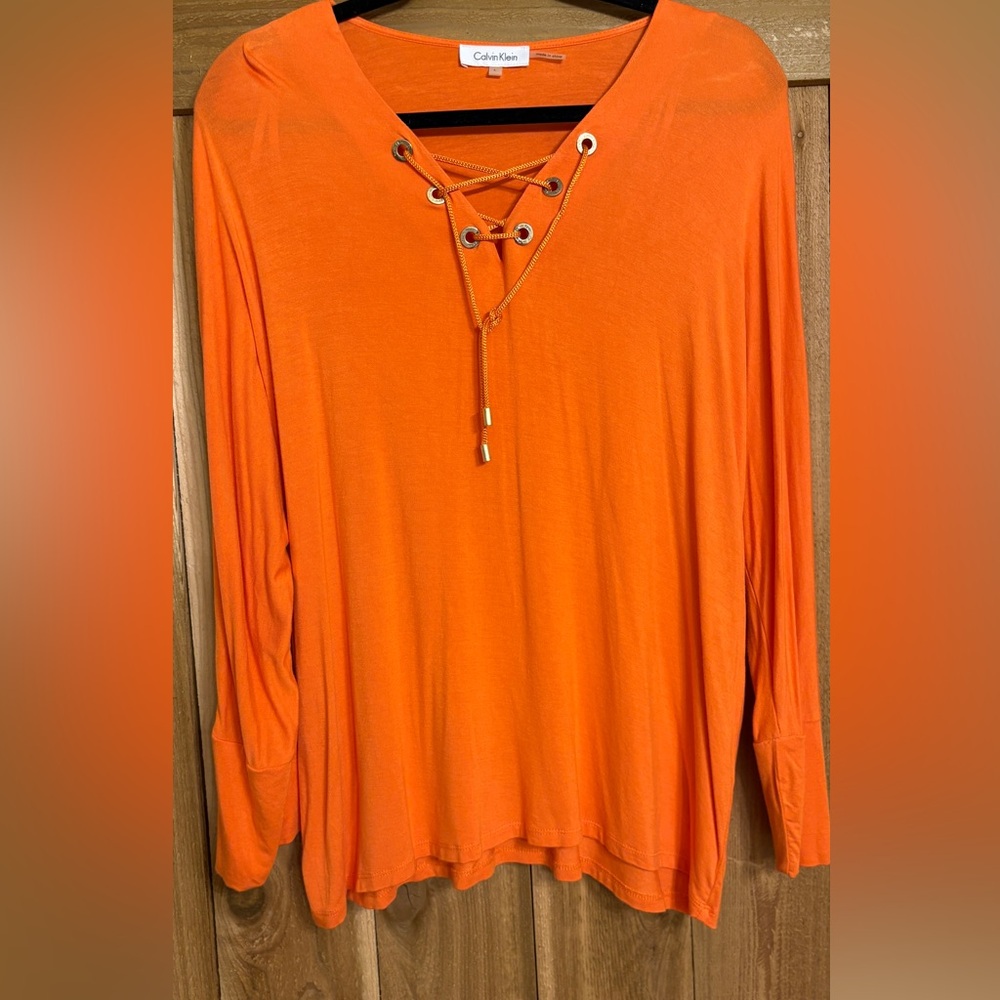 Calvin Klein Orange Lace-Up V-Neck Long Sleeve Top